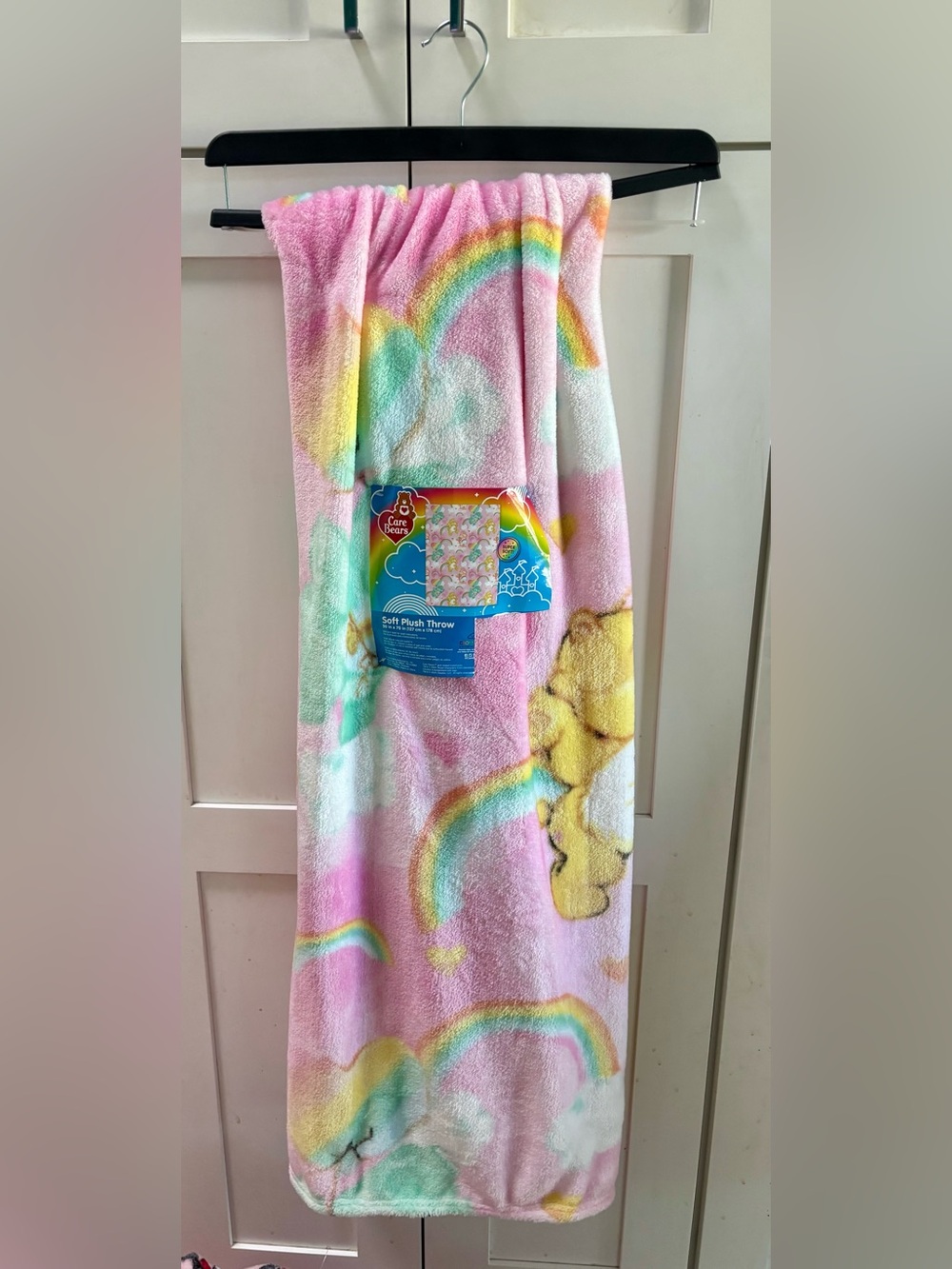 Care Bears Pink Plush Throw Blanket with Rainbows and Yellow Bear